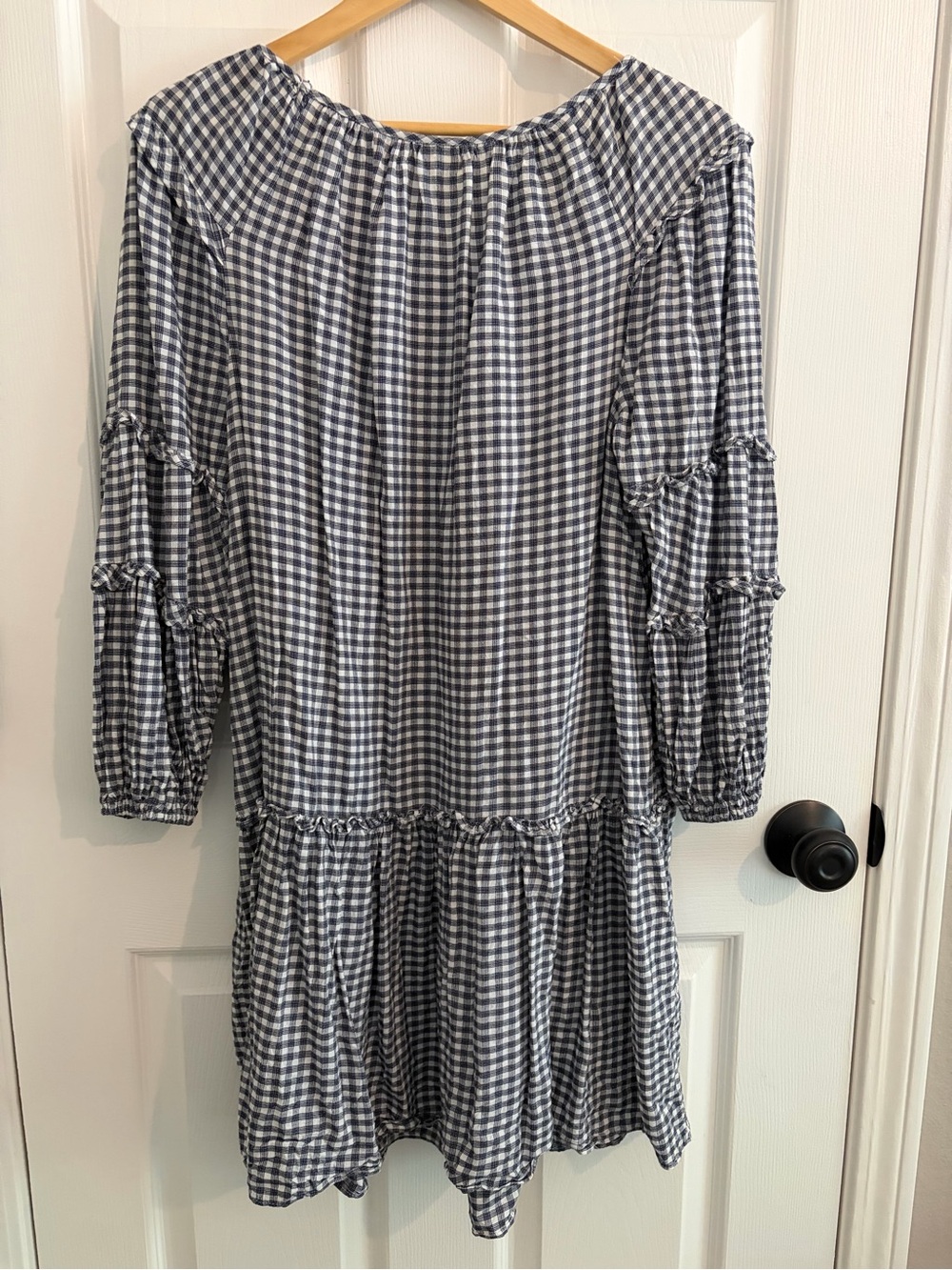 Max Studio Navy and White Gingham Long Sleeve Drop Waist Dress - Size L - Picture 2 of 9